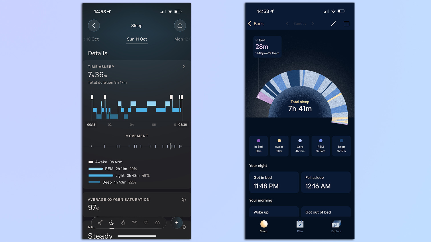 Screenshots from the Hatch app and the Oura app of sleep scores