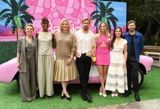 Kate McKinnon, Issa Rae, Greta Gerwig, Ryan Gosling, Margot Robbie, America Ferrera and Michael Cera attend the press junket and photo call For "Barbie" at Four Seasons Hotel Los Angeles at Beverly Hills on June 25, 2023 in Los Angeles, California.
