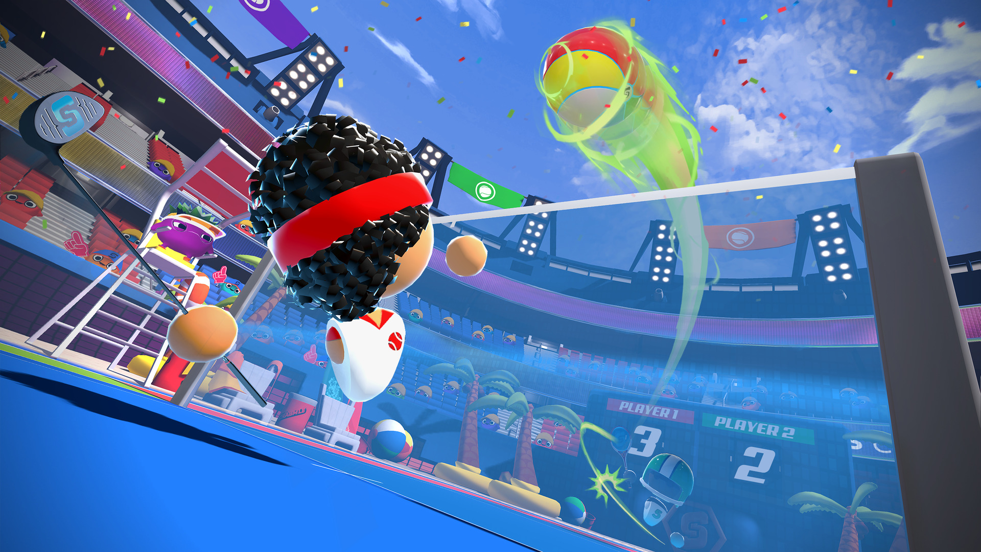 Quest 2 fitness games: an avatar about to hit a tennis ball in Sports Scramble