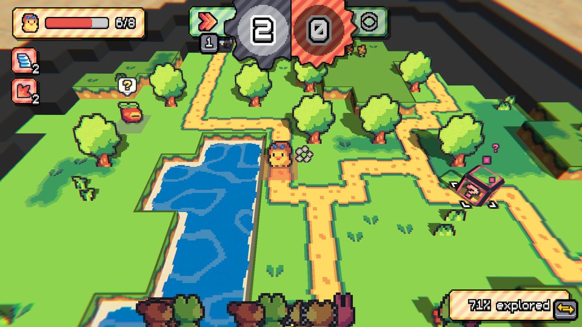 A baby chick sprite wearing an aviator hat stands in the middle of a vibrant green field play area, yellow dirt path running through and river to the left.