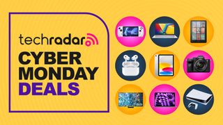 Assorted tech products on yellow background with TechRadar Cyber Monday deals text overlay