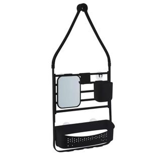 A black hanging shower caddy with a mirror and two different sized cubby holes