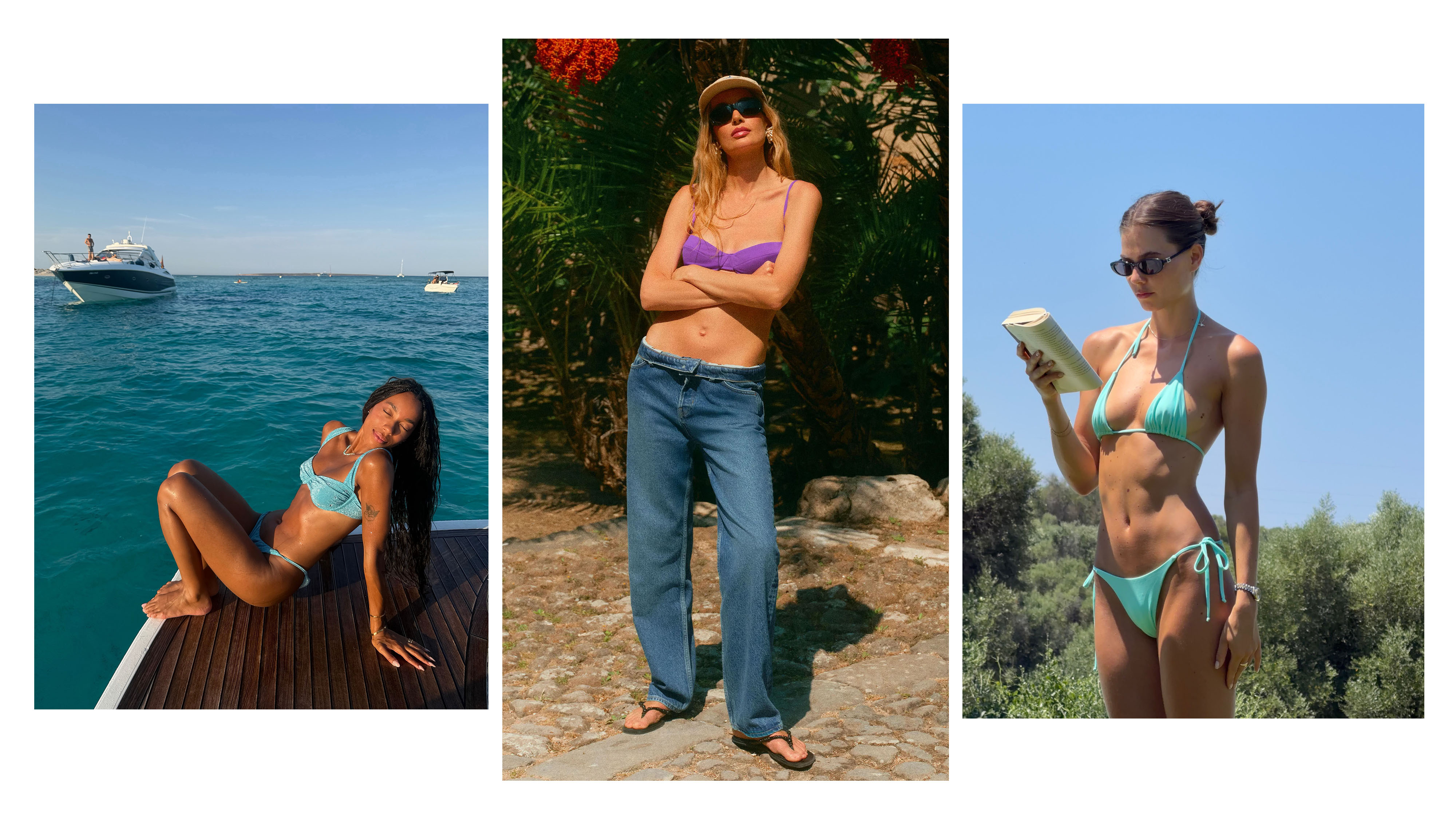 Women wearing turquoise and purple bikinis