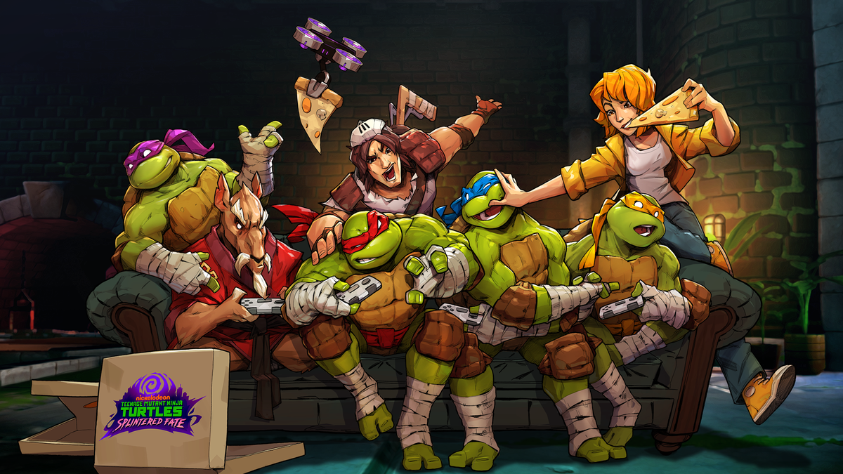 The Teenage Mutant Ninja Turtles with Splinter, Casey, and April, playing videogames and eating pizza, in Teenage Mutant Ninja Turtles: Splintered Fate.