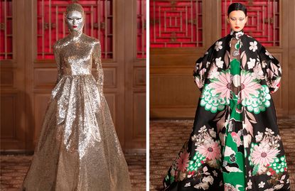 Two side-by-side photos of models walking the Valentino Beijing Haute Couture 2019 show. In the first photo a model has a glittery silver painted face and is wearing a floor length, long sleeve sequin dress which covers her head. And in the second photo a model is wearing a floor length black, green and pink floral piece