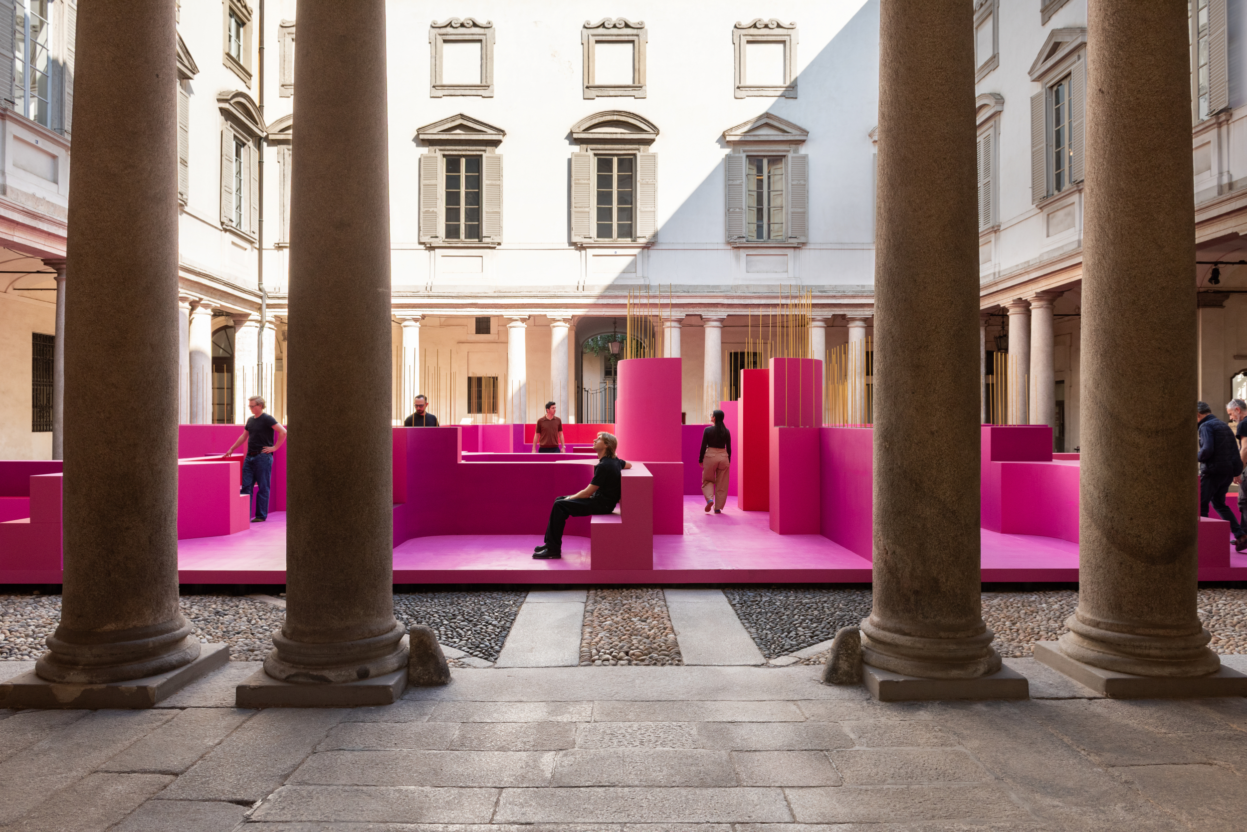 Pink maze in a Milan palazzo courtyard, &amp;lsquo;Metamorphosis in Motion&amp;rsquo; installation by Lina Ghotmeh, Milan Design Week 2026