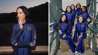 Katy Perry suited up for her trip to space onboard Blue Origin New Shepard NS-3 suborbital vehicle on April 14, 2025.