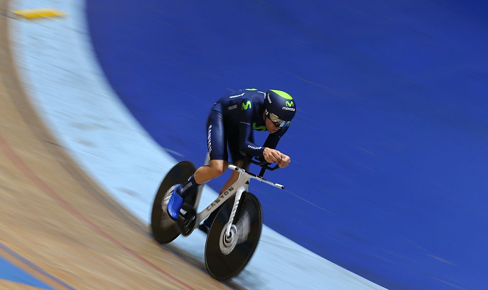 Alex Dowsett (Movistar) on his aero track bike attempting to set the new Hour Record