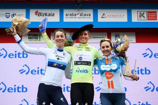 SAN SEBASTIAN SPAIN MAY 12 LR Mischa Bredewold of The Netherlands and Team SD Worx Protime on second place race winner Demi Vollering of The Netherlands and Team SD Worx Protime Yellow Leader Jersey with the Txapela hat Trophy and Juliette Labous of France and Team dsmfirmenich PostNL on third place pose on the podium ceremony after the 3rd Itzulia Women 2024 Stage 3 a 1149km stage from San Sebastian to San Sebastian UCIWWT on May 12 2024 in San Sebastian Spain Photo by Alex BroadwayGetty Images