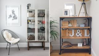 Compilation of two living room images showing display cabinets and sideboards to make more of home organization ideas