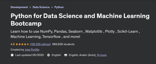 A screenshot of the Udemy website advertising the 'Python for Data Science and Machine Learning Bootcamp' course