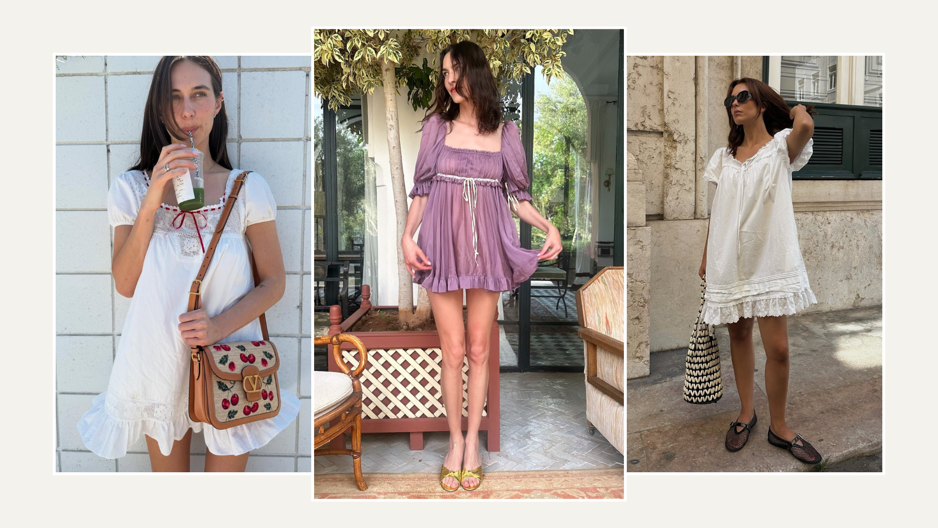 Three fashion people wear the swing mini dress trend.