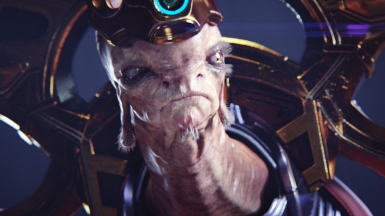 Still from sci-fi video game Halo. Close up image of a member of the Sangheili alien race (aka Elites). They have pink skin, wide-set eyes, wide-set nostrils, a long neck and are wearing elaborate gold armour around their neck, shoulders and head.