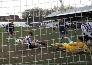 Chorley’s Mike Calveley, second left, scores his side’s second goal in their third-round win against Derby