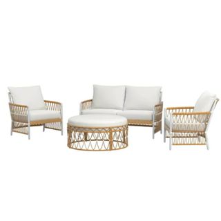 Better Homes & Gardens Lilah 2-Piece Outdoor Wicker Loveseat and Ottoman plus two arm chairs with white cushions