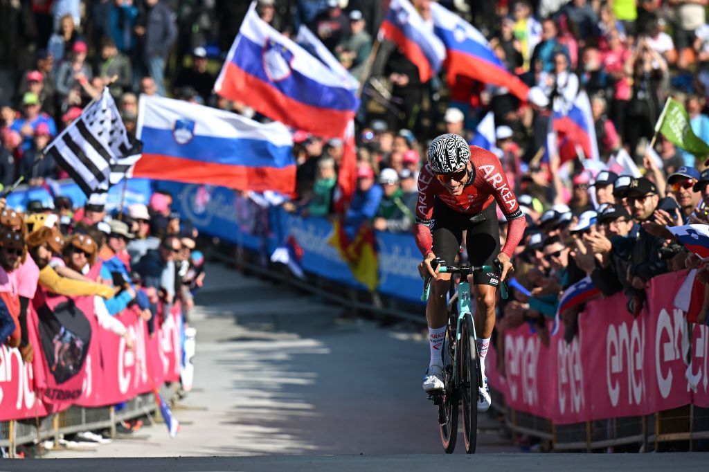 MONTE LUSSARI ITALY MAY 27 Warren Barguil of France and Team Arka Samsic crosses the finish line during the 106th Giro dItalia 2023 Stage 20 a 186km individual climbing time trial stage from Tarvisio 750m to Monte Lussari 1744m UCIWT on May 27 2023 in Monte Lussari Italy Photo by Stuart FranklinGetty Images
