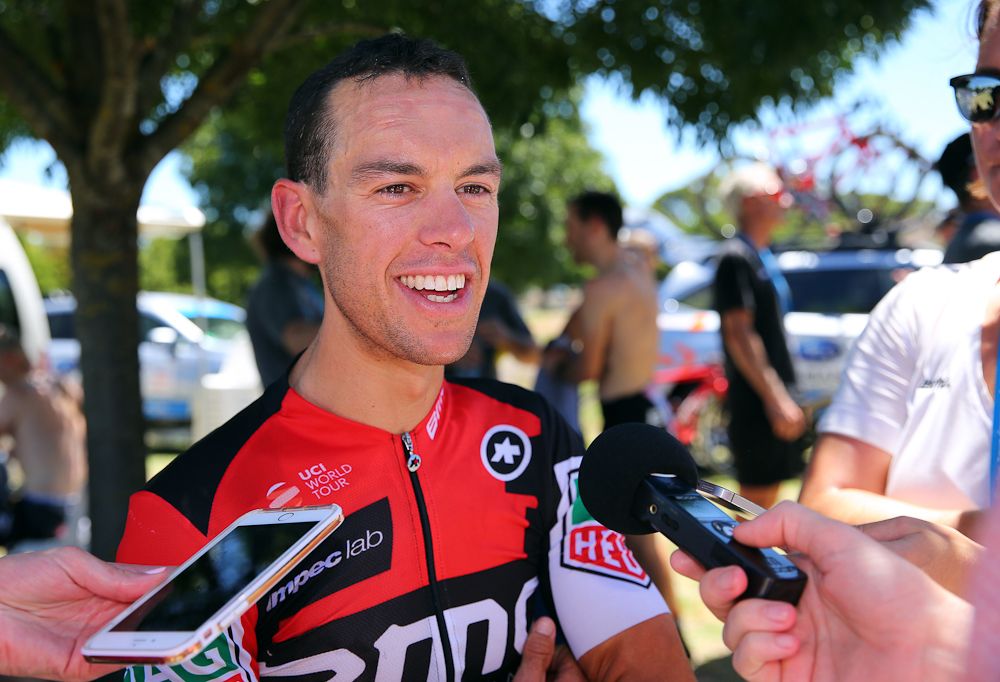Richie Porte talks with reporters after stage 1 at the Tour Down Under