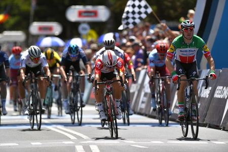 Elia Viviani (Deceuninck-QuickStep) gets the better of Lotto Soudal's Caleb Ewan on the line to win the 2019 Cadel Evans Great Ocean Road Race