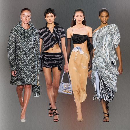 a collage of print trends on the spring/summer 2024 runway