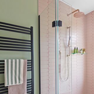 Bathroom with pink tiles in shower and sage green walls