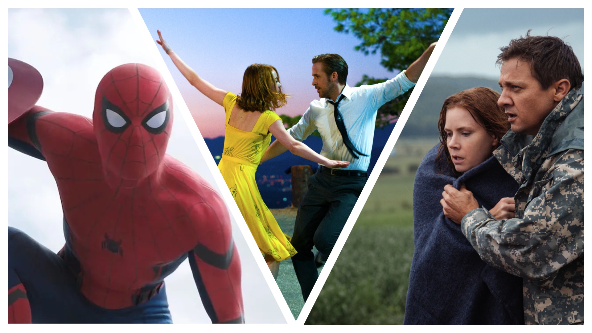Three images sliced together from films, left to right: Captain America Civil War, La La Land and Arrival 
