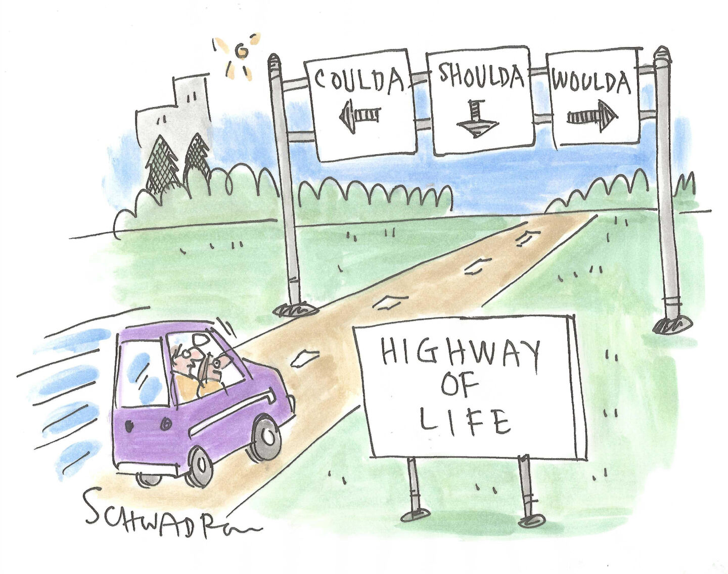 A car drives down a road named the &amp;ldquo;Highway of Life&amp;rdquo; in this cartoon. There are signs above the highway indicating different directions to &amp;ldquo;Coulda&amp;rdquo; &amp;ldquo;Shoulda&amp;rdquo; and &amp;ldquo;Woulda&amp;rdquo;.