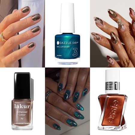 Fall nail collage, subtle zebra stripes and burgundy stained glass nail art, shimmery teal nails with pink gems alongside blue, brown and copper polish bottles
