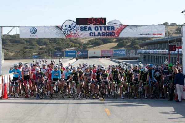 The men's field lines up on the Laguna Seca Raceway front straight for the start of the Sea Otter criterium.