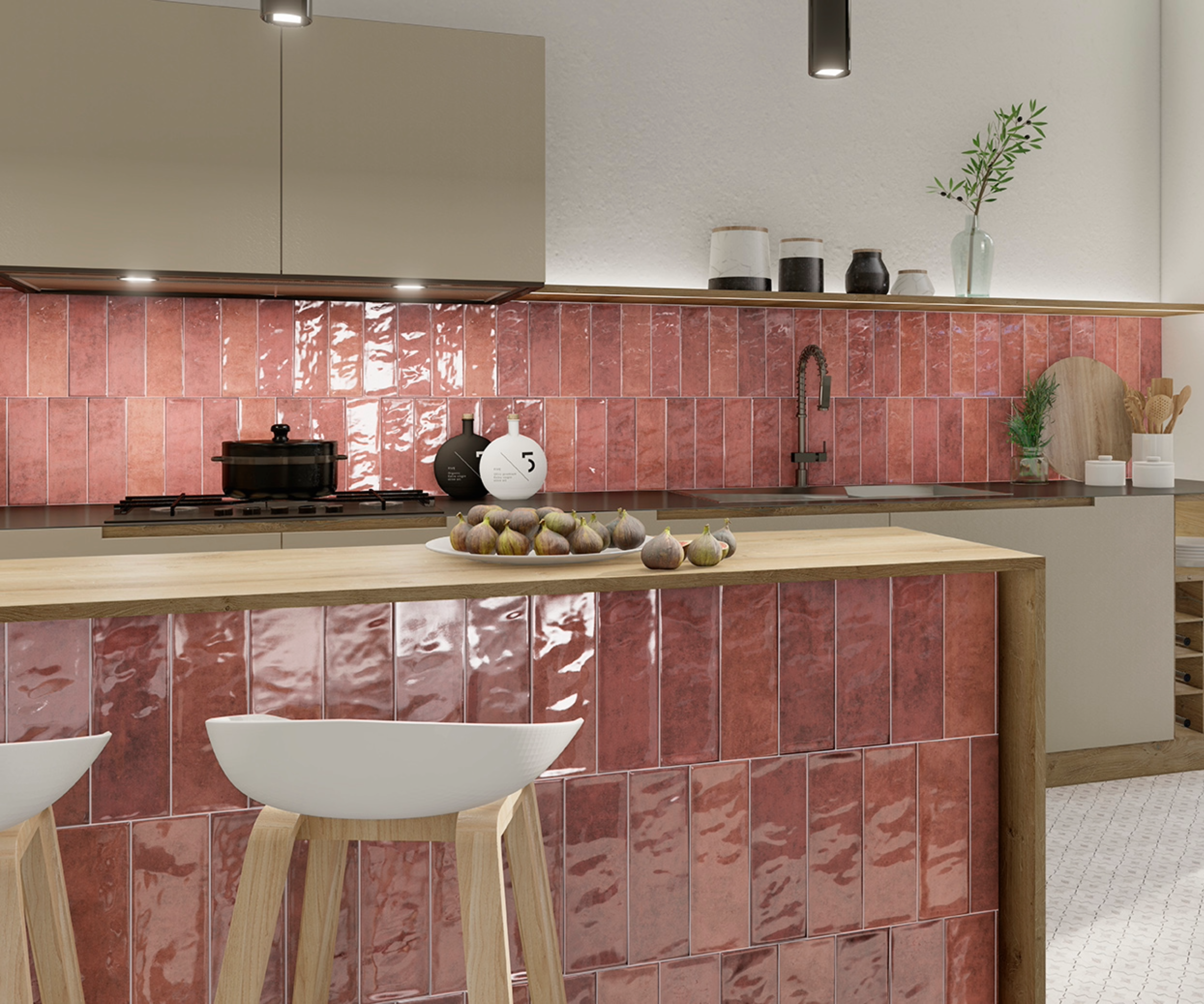 Pink kitchen with Tile of Spain Cinqueterre Carmine tile by Mainzu Cer&amp;aacute;mica