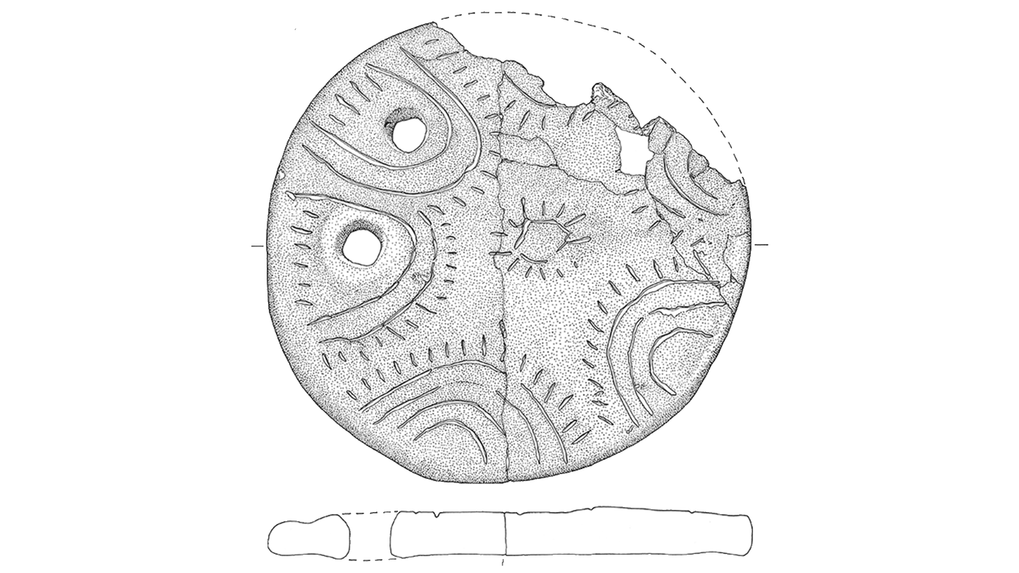 An illustration of a broken decorated clay disc.