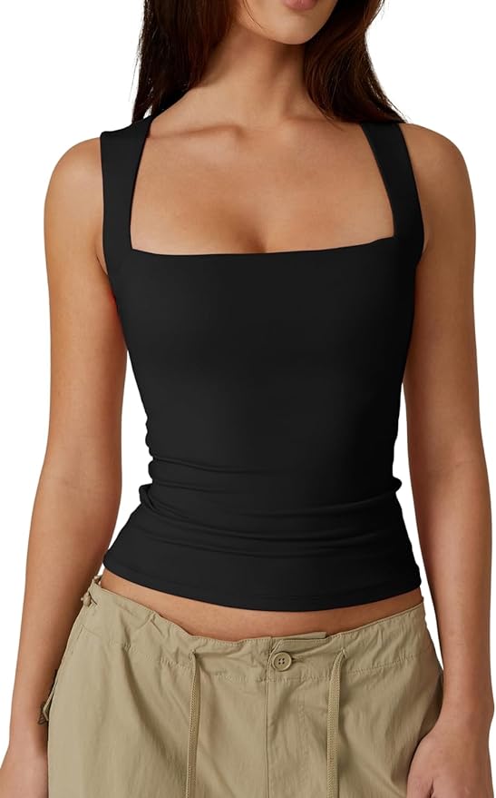 QINSEN, Qinsen Women's Square Neck Sleeveless Double-Layer Tank Tops Basic Tight T Shirts Black S