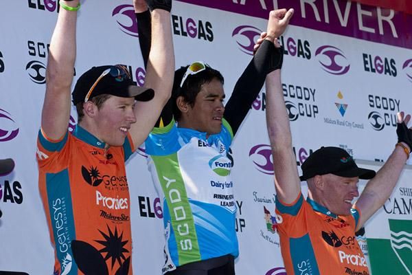 Stage two podium (L-R): Tom Robinson (Genesys Wealth Advisers), Harrif Saleh (Malaysian National Team) and Joel Pearson (Genesys Wealth Advisers).