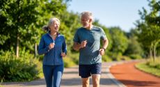 Senior man and woman in sportswear jogging and talking along a wooded park trail on a sunny morning, Berlin, Germany.