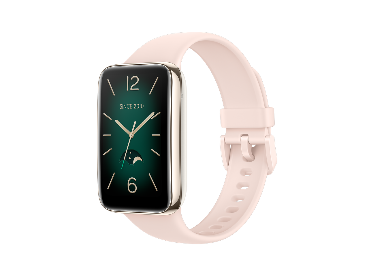 A Xiaomi Smart Band 7 Pro with a classic watch face and a Pink strap