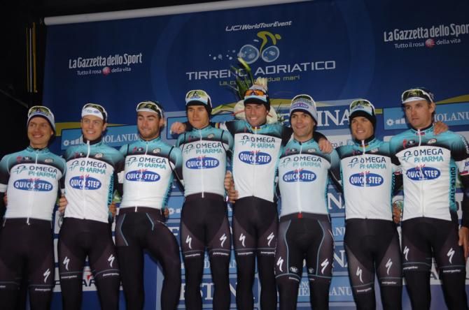Omega Pharma-Quick Step on the podium after winning the team timet trial at Tirreno-Adriatico.
