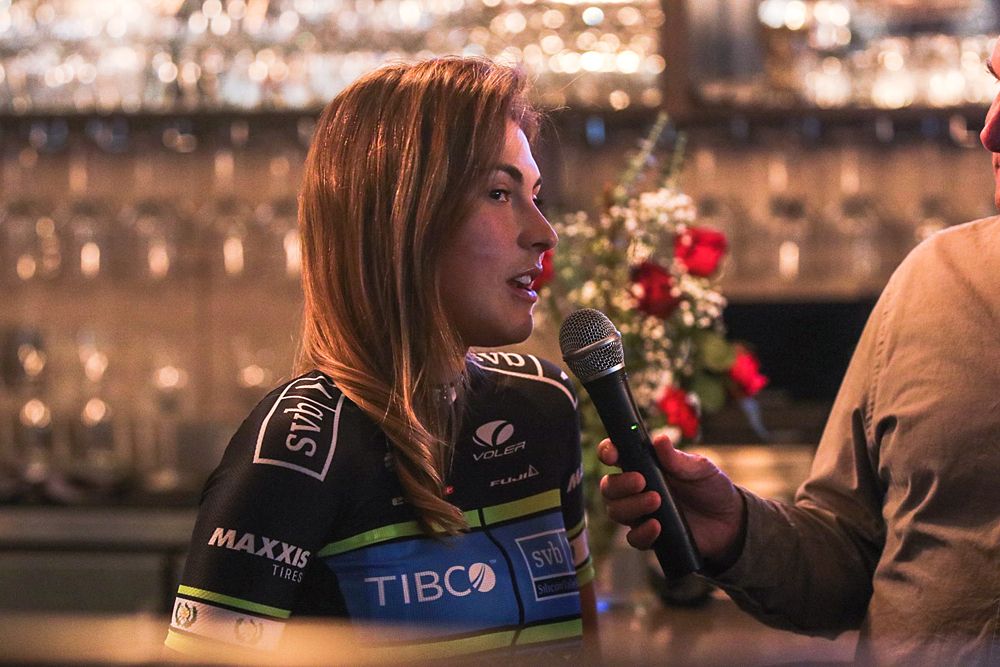 Team Tibco-SVB are presented on stage at the opening presentation as they speak to the crowds