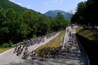 BERGAMO ITALY MAY 21 A general view of the peloton competing at the Selvino 946m during the 106th Giro dItalia 2023 Stage 15 a 195km stage from Seregno to Bergamo UCIWT on May 21 2023 in Bergamo Italy Photo by Tim de WaeleGetty Images