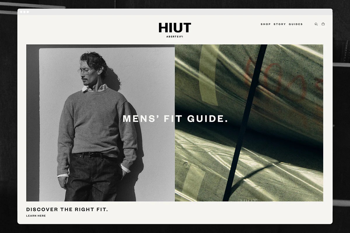 A website homepage mock-up displays a minimalist layout featuring the "HIUT ABERTEIFI" header above a black-and-white portrait of a man on the left and a close-up image of rolled denim fabric on the right.