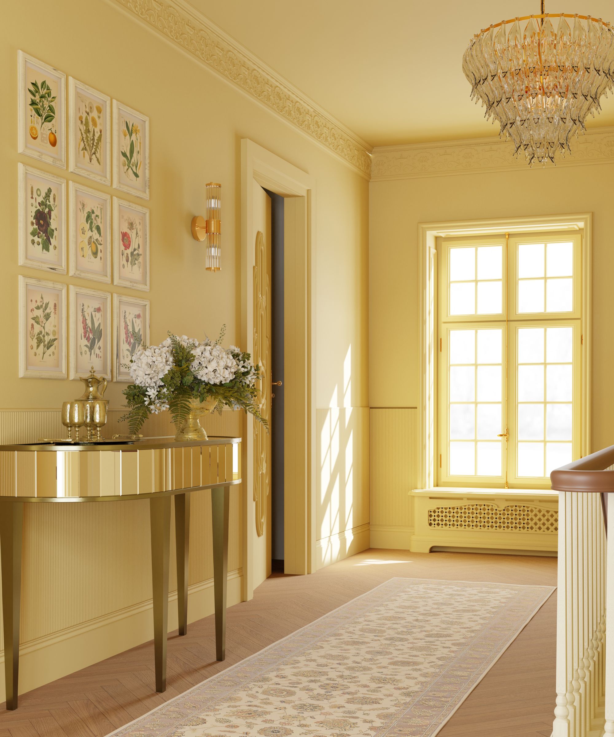 Light yellow upstairs hallway with gold accents, parquet flooring and rug