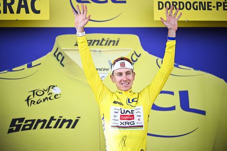 Slovenian Tadej Pogacar of UAE Team Emirates XRG celebrates on the podium in the yellow jersey of leader in the overall ranking after the stage 8 of the 2026 Tour de France cycling race, a stage of 182km from Perigueux to Bergerac, on Saturday 11 July 2026. The 113th edition of the Tour de France starts on Saturday 4 July in Barcelona, Spain, and will finish in Paris, France on the 26th of July. BELGA PHOTO JASPER JACOBS (Photo by JASPER JACOBS / BELGA MAG / Belga via AFP)