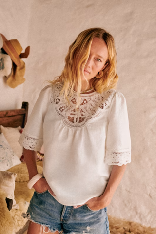 white short sleeve linen top with lace