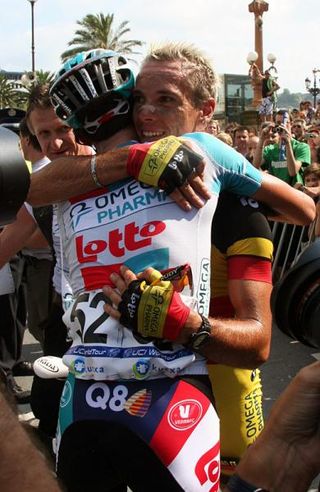 Clasica San Sebastian victory Philippe Gilbert celebrates with Omega Pharma-Lotto teammate Jelle Vanendert.