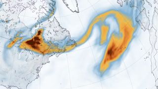 A map showing carbon particles spreading from Canada through the Northeastern United States and the Atlantic