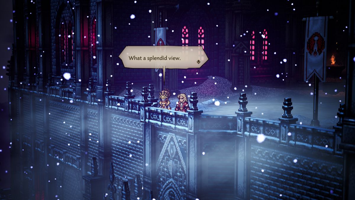 Octopath Traveller 0 two villains on a balcony