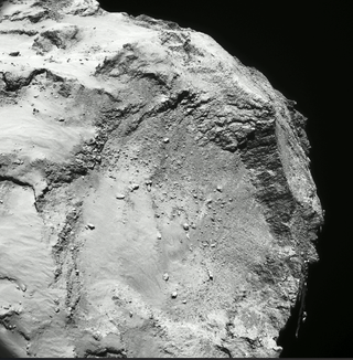 The Hatmehit region on the small lobe of Comet 67P/Churyumov-Gerasimenko as seen by NavCam on November 12, 2014 (image was released on May 28).