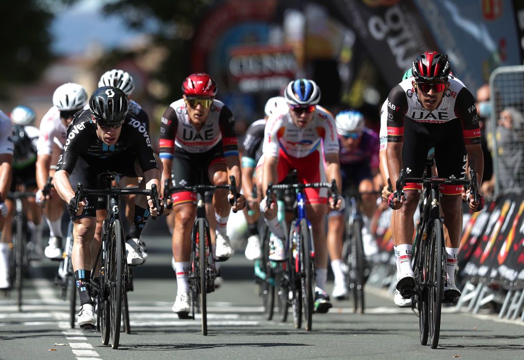 BRIVIESCA SPAIN AUGUST 04 LR Alberto Dainese of Italy and Team DSM Juan Sebastin Molano Benavides of Colombia and UAE Team Emirates sprint at finish line during the 43rd Vuelta a Burgos 2021 Stage 2 a 175km stage from Tardajos to Briviesca VueltaBurgos BurgosCycling CapitalMundialdelCiclismo on August 04 2021 in Briviesca Spain Photo by Gonzalo Arroyo MorenoGetty Images