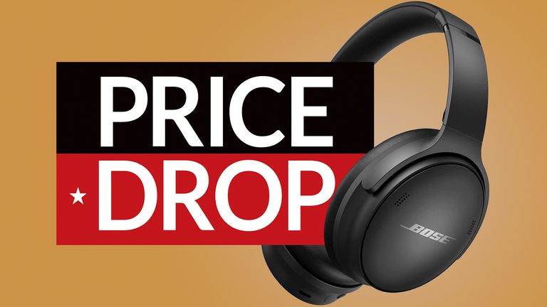 Bose QC45 deal, image shows headphones with Price Drop sign