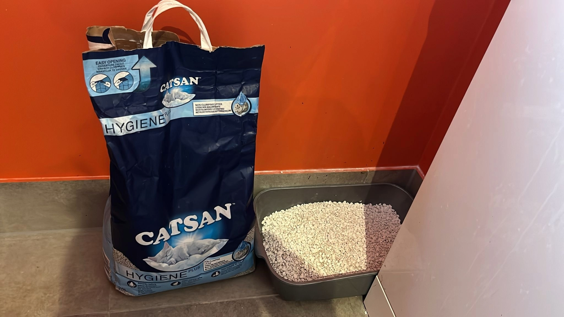 Our tester's bag of Catsan Hygiene litter, one of the best cat litters, in front of an orange wall and next to a filled-up cat litter box