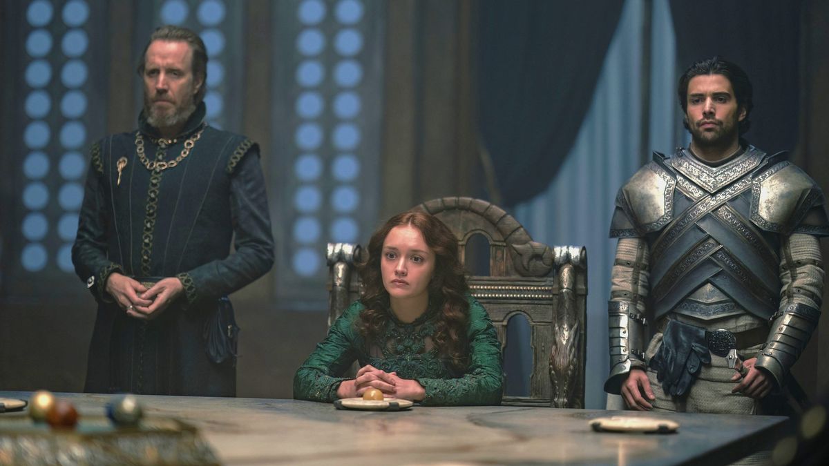 Rhys Ifans as Otto Hightower, Olivia Cooke as Queen Alicent and Fabien Frankel as Ser Criston Cole in House of the Dragon episode 9