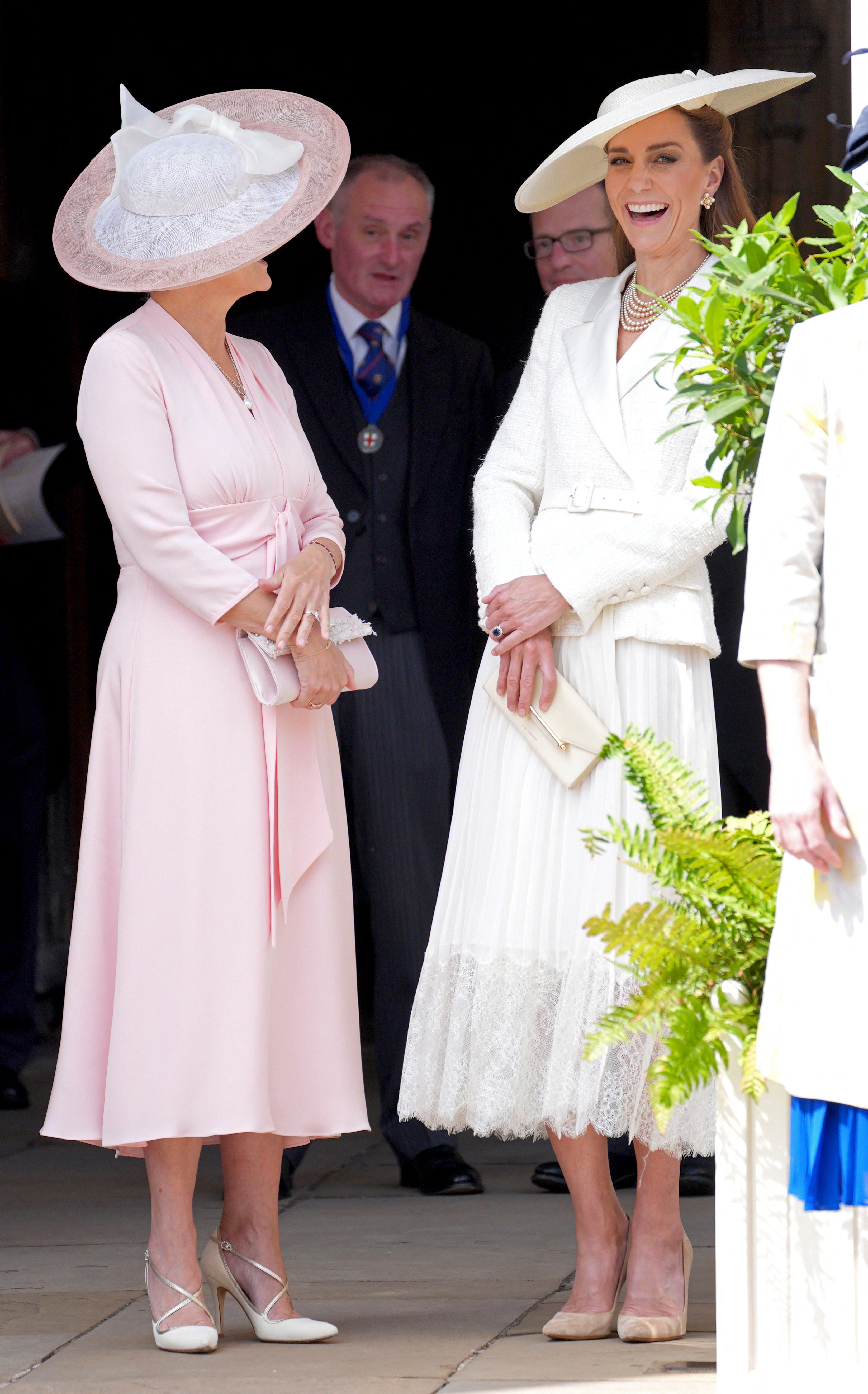 Kate Middleton wears a white Self-Portrait blazer dress with a matching hat to attend Order of the Garter in 2025